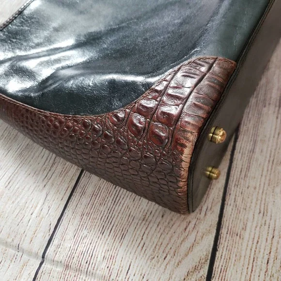 BRAHMIN Black Leather Brown Pecan Croc Embossed Vintage Handbag